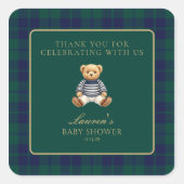 Classic Green Navy Plaid Bear Baby Shower スクエアシール (正面)