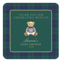 Classic Green Navy Plaid Bear Baby Shower 