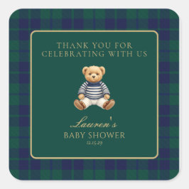 Classic Green Navy Plaid Bear Baby Shower  スクエアシール