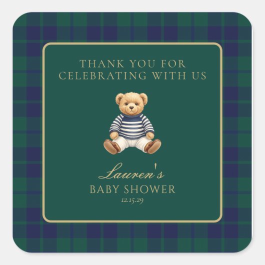 Classic Green Navy Plaid Bear Baby Shower スクエアシール (正面)