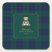 Classic Green Navy Plaid Bear Baby Shower スクエアペーパーコースター (正面)
