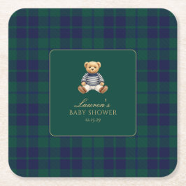 Classic Green Navy Plaid Bear Baby Shower  スクエアペーパーコースター