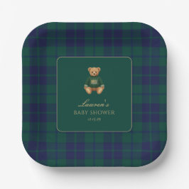Classic Green Navy Plaid Bear Baby Shower  ペーパープレート