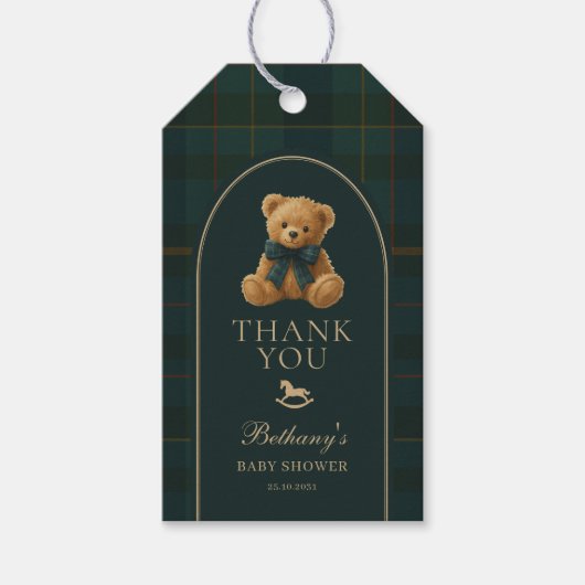 Classic Green Navy Plaid Teddy Bear Baby Shower ギフトタグ (正面)