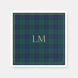 Classic Green Navy Tartan Plaid Gold Monogram スタンダードカクテルナプキン