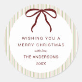 Classic Green Pink Stripes Red Bow Merry Christmas ラウンドシール (正面)