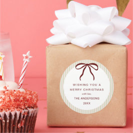 Classic Green Pink Stripes Red Bow Merry Christmas ラウンドシール