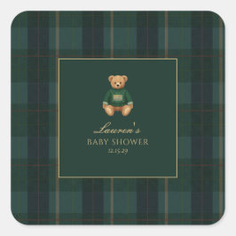 Classic Green Plaid Bear Baby Shower  スクエアシール