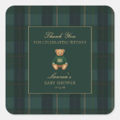 Classic Green Plaid Bear Baby Shower Thank You  スクエアシール (正面)