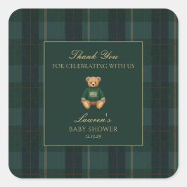 Classic Green Plaid Bear Baby Shower Thank You  スクエアシール