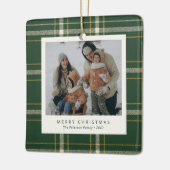 Classic Green Plaid Family 4 Photo Holiday セラミックオーナメント (左)