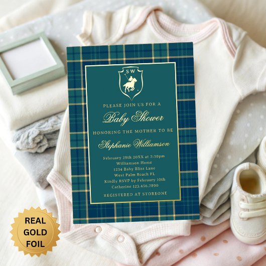 Classic Green Plaid Polo Equestrian Baby Shower 箔招待状
