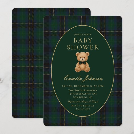 Classic Green Plaid Teddy Bear Baby Shower 招待状 (正面/裏面)
