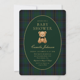 Classic Green Plaid Teddy Bear Baby Shower 招待状