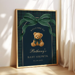 Classic Green Plaid Teddy Bear Baby Shower Welcome ポスター