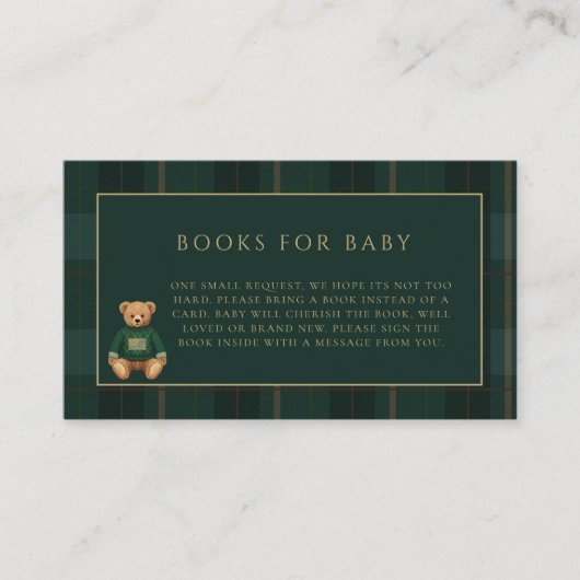 Classic Green Plaid Teddy Bear Theme Baby Shower エンクロージャーカード (正面)