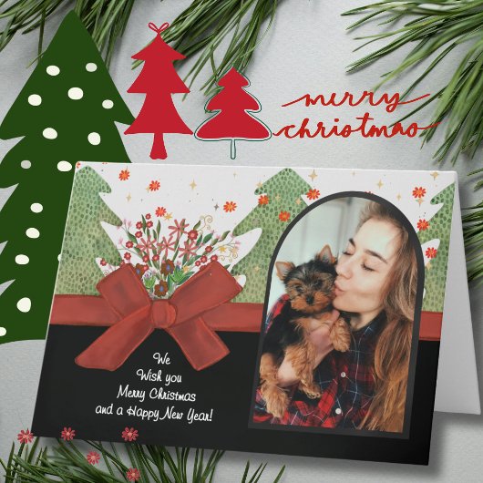 Classic Green & Red Festive Trees Photo Arch シーズンカード