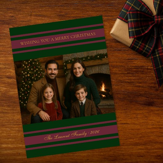 Classic Green Red Stripe Christmas Family Photo シーズンカード