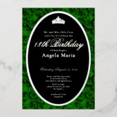 Classic Green Roses 18th Birthday Debut Silver 箔招待状 (正面)