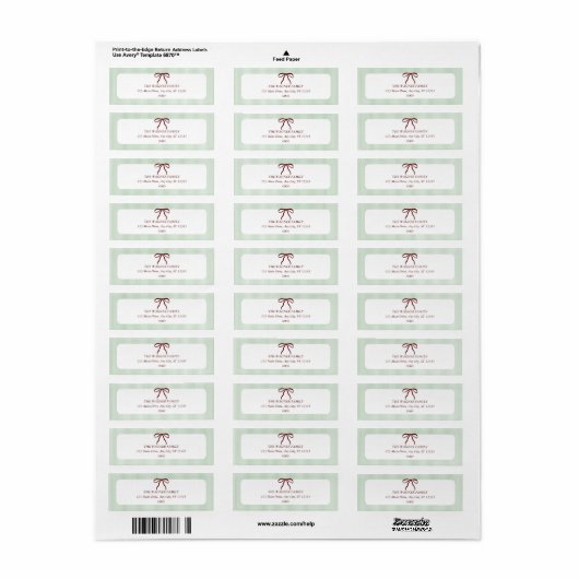 Classic Green Stripes Red Bow Christmas ラベル (フルシート)