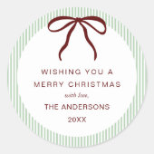 Classic Green Stripes Red Bow Merry Christmas ラウンドシール (正面)