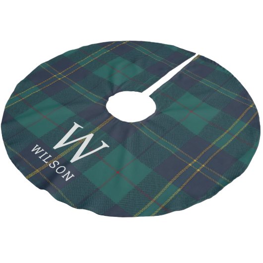 Classic Green Tartan Plaid Monogram Christmas ブラッシュドポリエステルツリースカート (アングル)