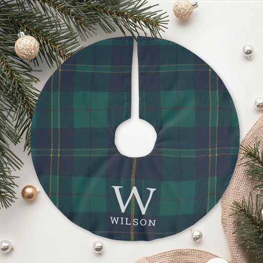 Classic Green Tartan Plaid Monogram Christmas ブラッシュドポリエステルツリースカート