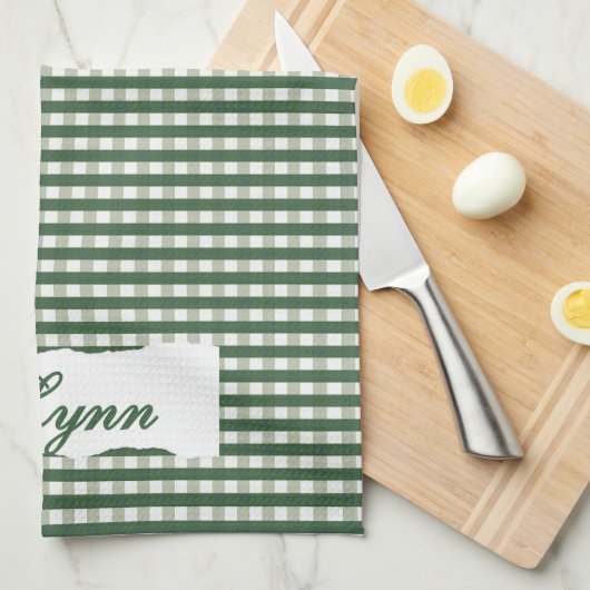 Classic Green & White Gingham | Personalized Name キッチンタオル (四つ折り)