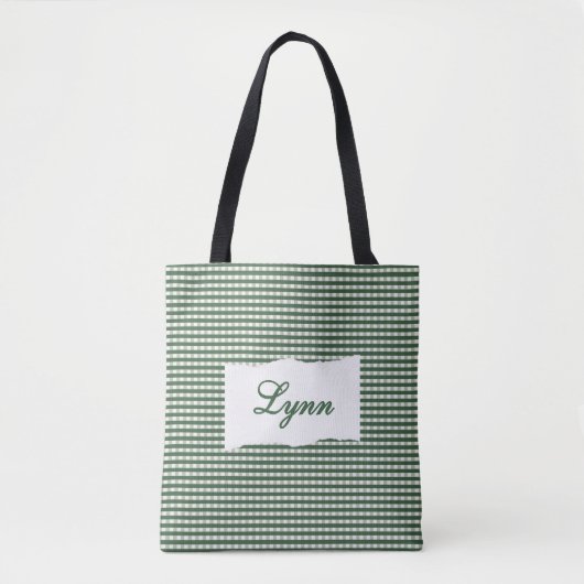 Classic Green & White Gingham | Personalized Name トートバッグ (正面)