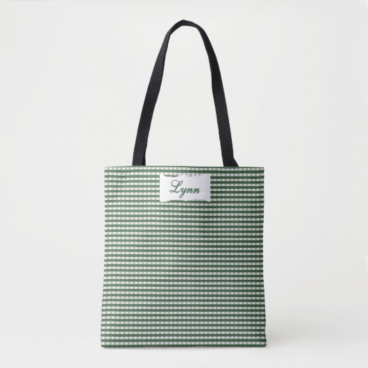 Classic Green & White Gingham | Personalized Name トートバッグ (正面)