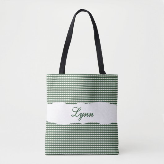 Classic Green & White Gingham | Personalized Name トートバッグ (正面)