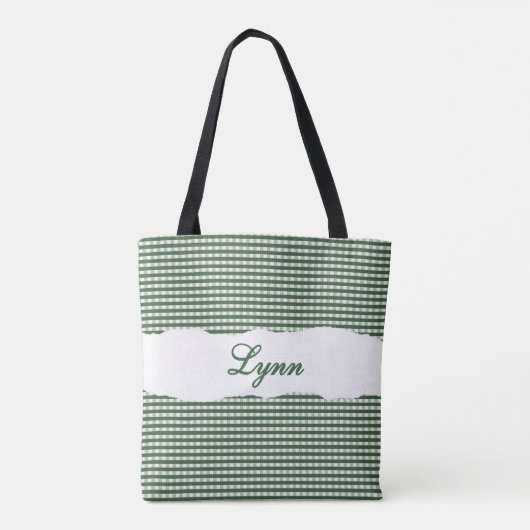 Classic Green & White Gingham | Personalized Name トートバッグ (裏面)