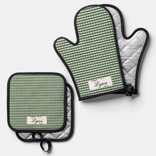 Classic Green & White Gingham | Personalized Name 鍋つかみ&鍋敷きセット (正面/裏面)