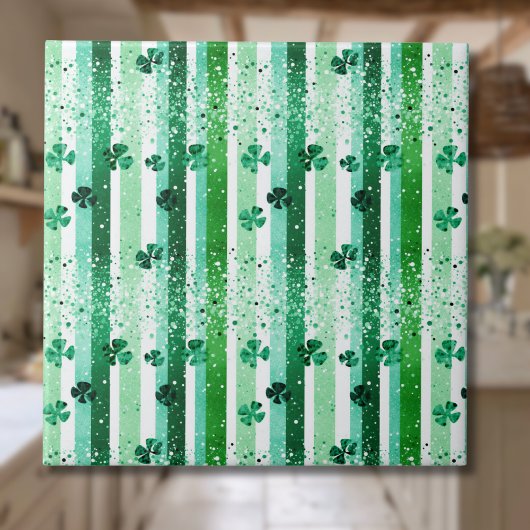 Classic Green White Vertical Stripes Shamrocks タイル