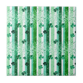 Classic Green White Vertical Stripes Shamrocks タイル