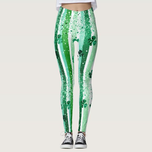 Classic Green White Vertical Stripes Shamrocks レギンス (正面)