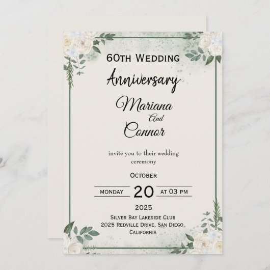 Classic Greenery Wedding Anniversary Invitations 招待状 (正面/裏面)