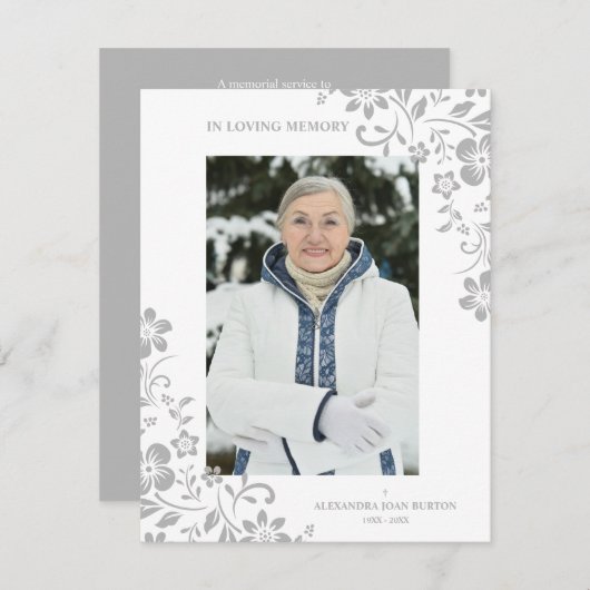 Classic Grey Floral Funeral Service Dear One Photo ノートカード (正面/裏面)