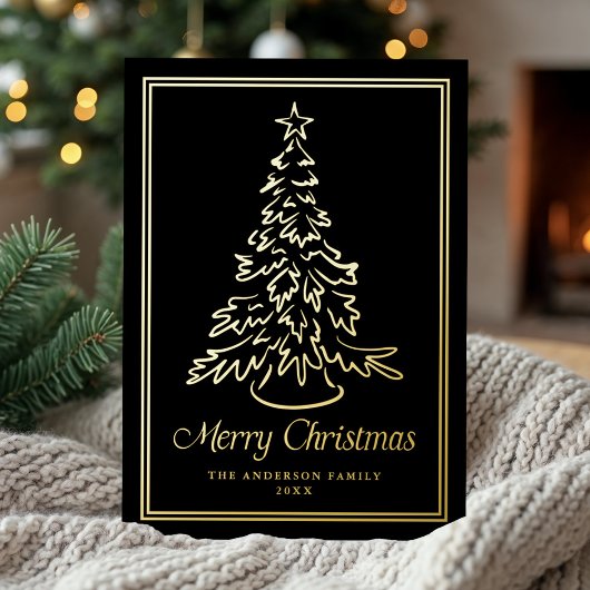 Classic Hand-Drawn Christmas Tree Black Non-Photo 箔シーズンカード