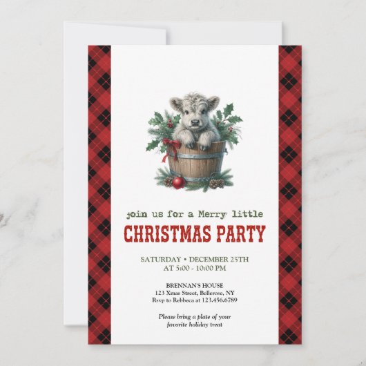 Classic highland cow Christmas invite red florals 招待状 (正面)