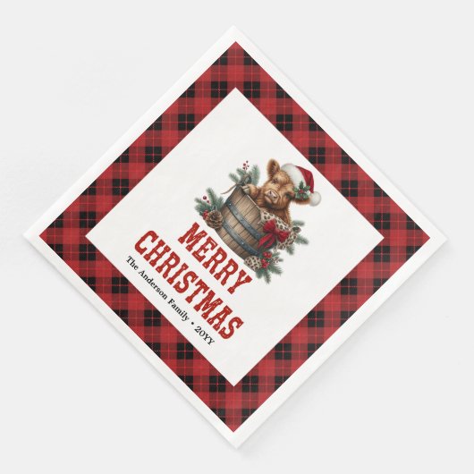 Classic highland cow Christmas napkins red black  (コーナー)