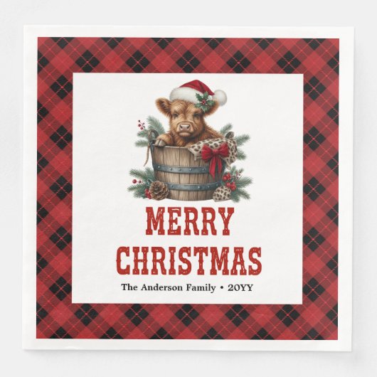 Classic highland cow Christmas napkins red black  (正面)