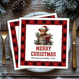 Classic highland cow Christmas napkins red black