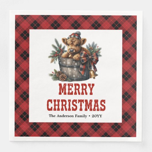 Classic highland cow red black tartan napkins (正面)