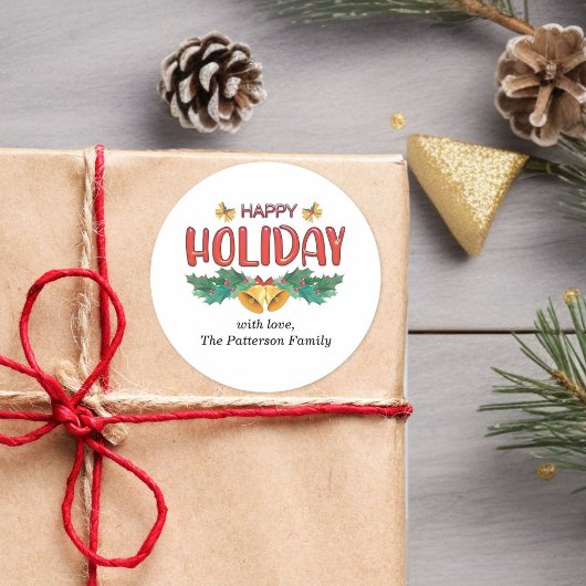 Classic Holiday Bells & Holly Family Name Sticker  ラウンドシール
