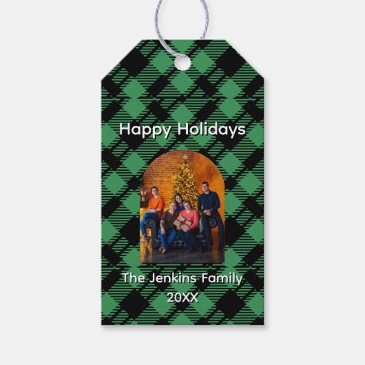 Classic Holiday Green Checkered Pattern Custom ギフトタグ (正面)