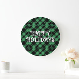 Classic Holiday Green Checkered Pattern Custom ラージ壁時計