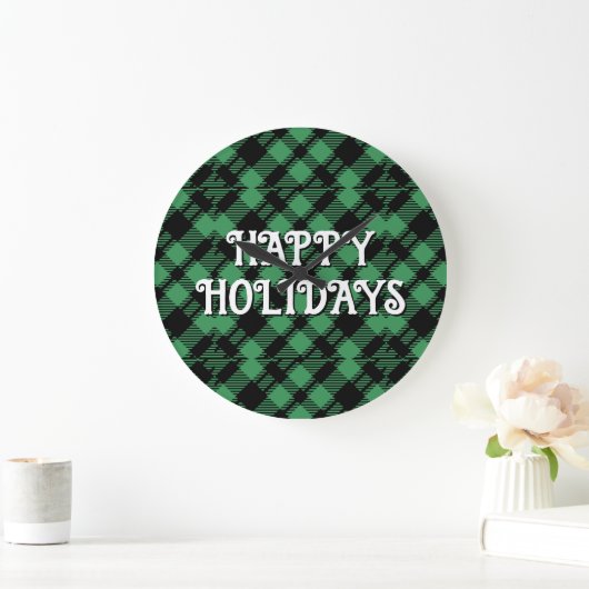 Classic Holiday Green Checkered Pattern Custom ラージ壁時計 (ホーム)