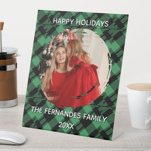 Classic Holiday Green Checkered Pattern Photo 台座サイン (インサイチュ)