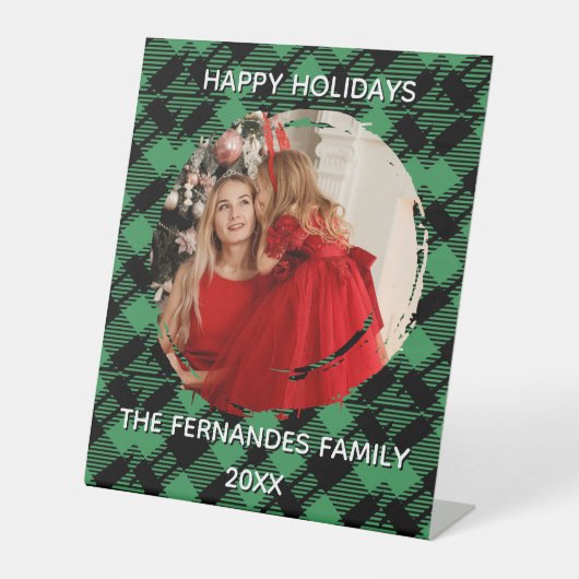 Classic Holiday Green Checkered Pattern Photo 台座サイン (正面)